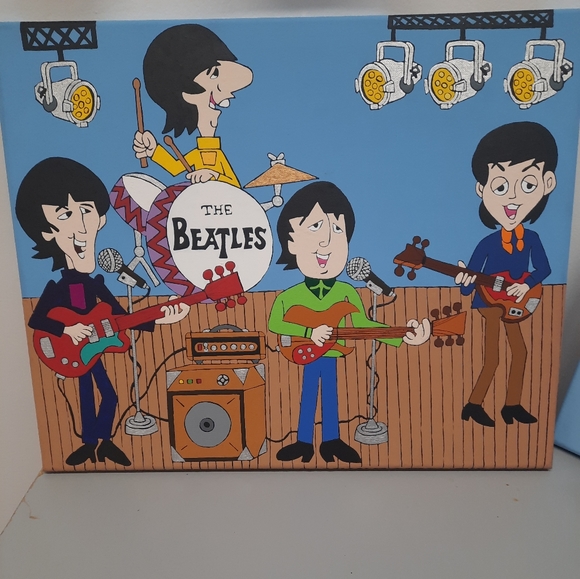 Large hand Painted custom Beatles Band Cartoon canvas painting - Picture 1 of 1